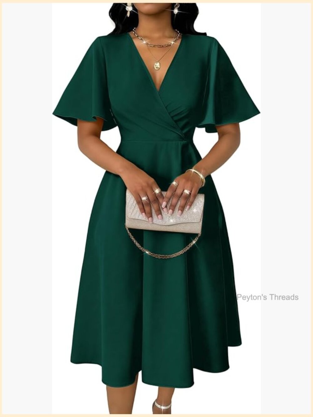 Elegant V-Neck Flowy A-Line Midi Dress Flared Sleeves Cinch Waist Party Cocktail